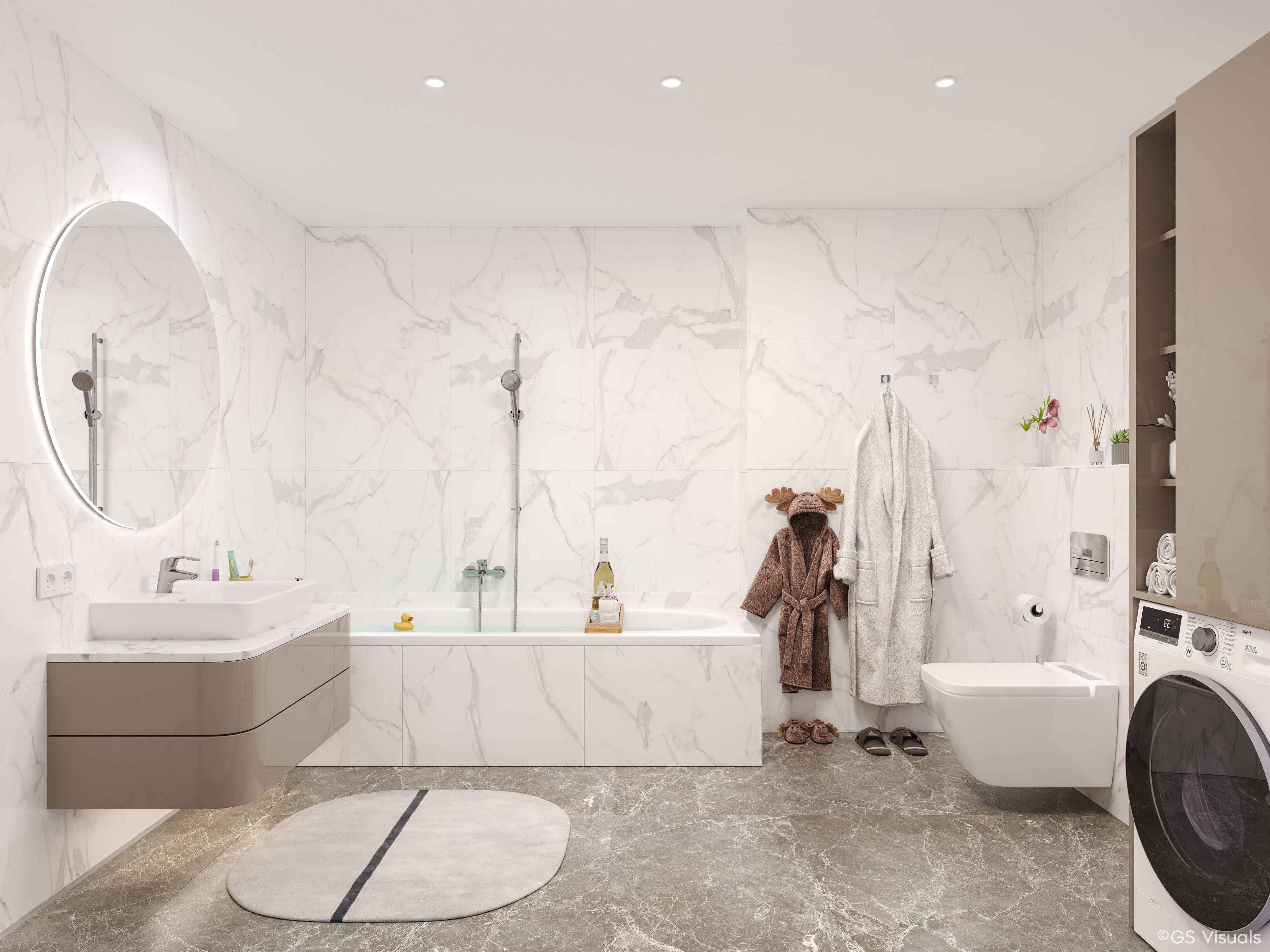 Rendering modernes Badezimmer mit Marmor und Badewanne