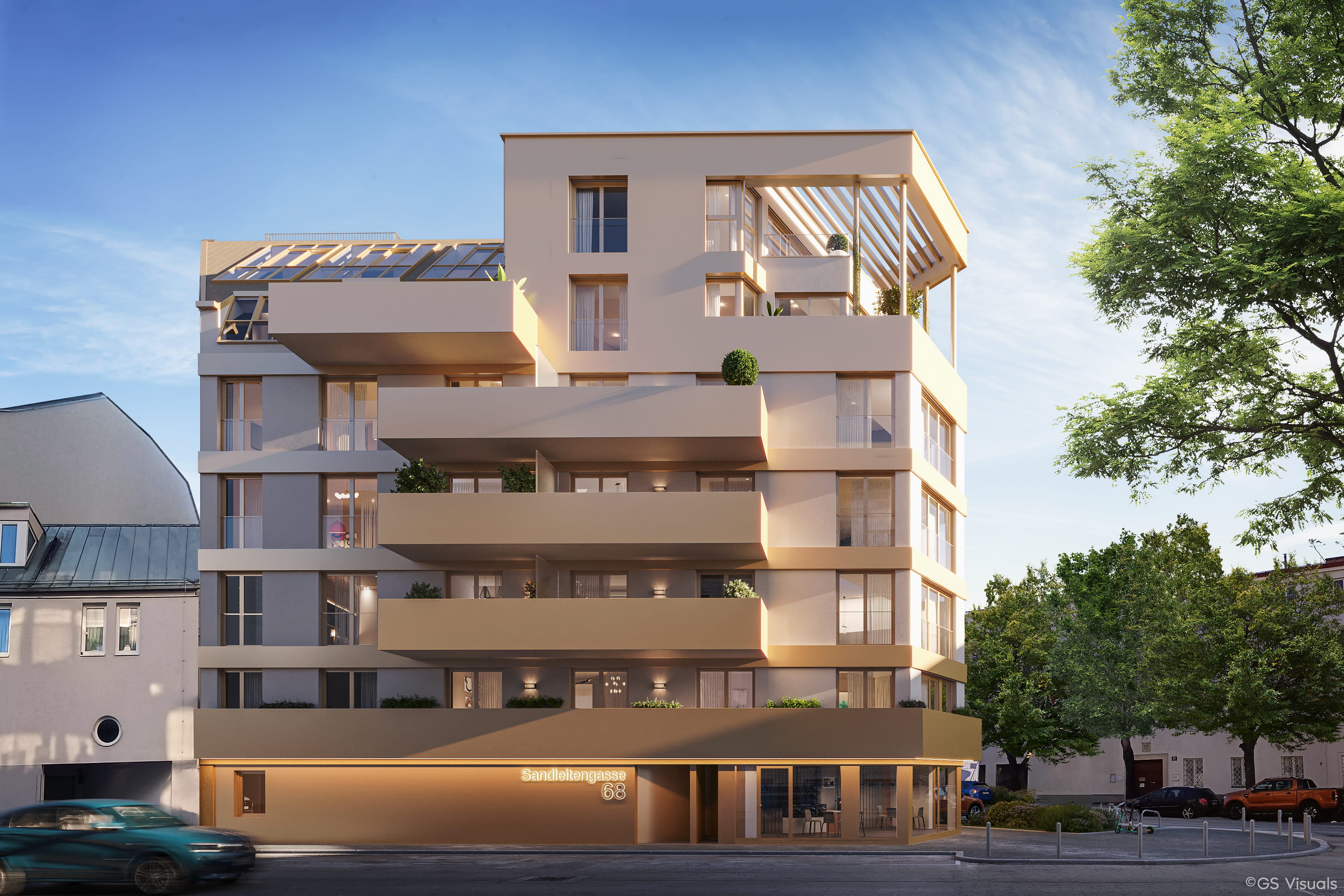 Rendering Sandleitengasse 68 – Seitenansicht mit Balkonen