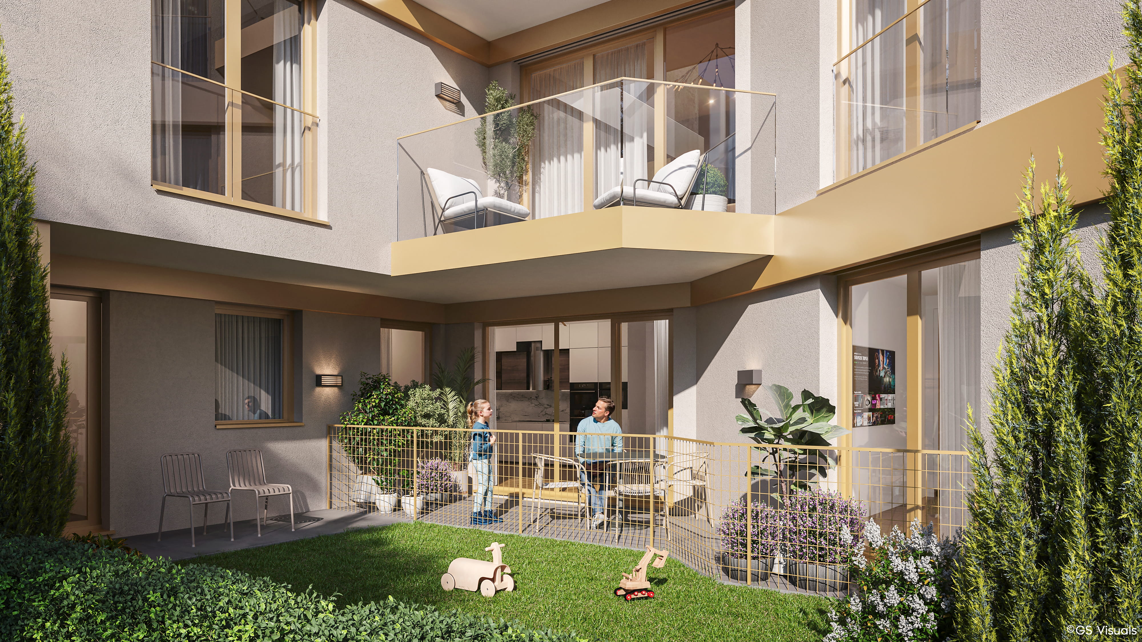 Rendering Innenhof mit Garten und Balkonen