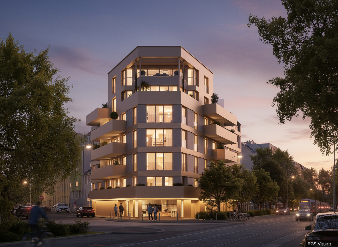 Neubau Sandleitengasse 68 Wien – Außenansicht bei Dämmerung